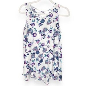 Pink Rose Purple Floral White Tank Sleeveless Top Blouse Medium